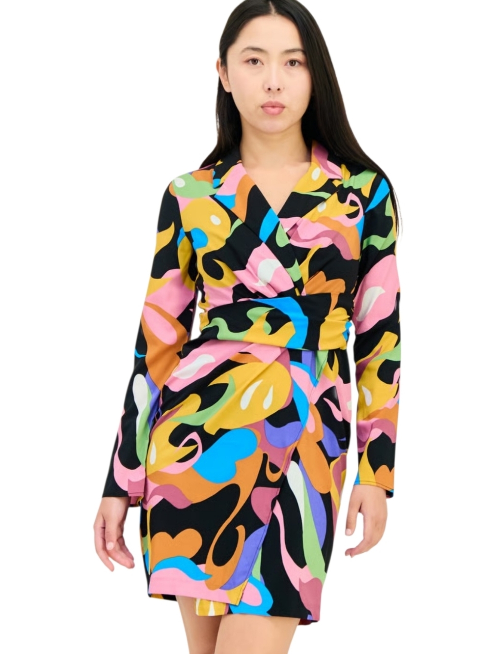 Donna Morgan Women's Long Sleeve Collard Faux Wrap Dress Plus Size 18